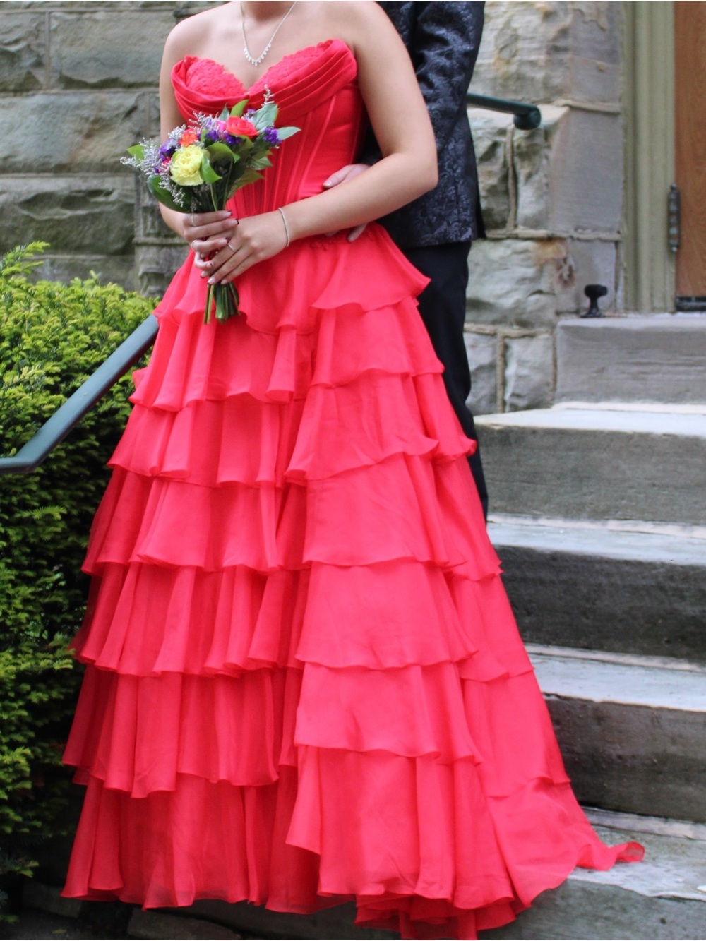 Sherri Hill Red Strapless Tiered Ruffled Corset Gown